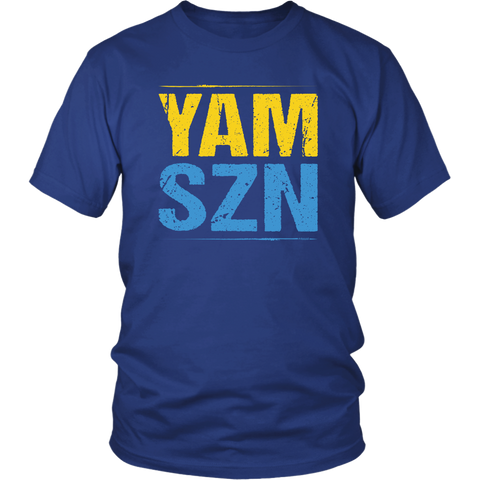 Image of YAM SZN Workout Shirt It's Yam Season Unisex T-Shirt Mens Womens Coach Challenge Group Gift | Yellow / Blue Edition