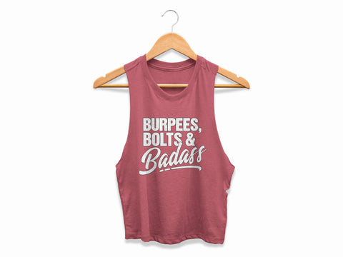 Image of Burpee Workout Tank Womens Crop Top Burpees, Bolts and Badass Cropped Racerback Shirt Coach Gift #MM100