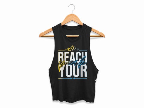 Image of REACH YOUR PEAK Womens Crop Top 645 Inspired Motivational Cropped Tank Ladies Coach Challenger Shirt - White + Gradient Edition