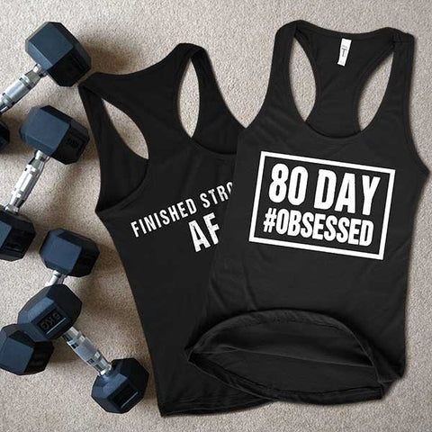 Image of 80 Day #Obsessed Tank with Finished Strong AF on back, Womens Completion Shirt - Obsessed Merch