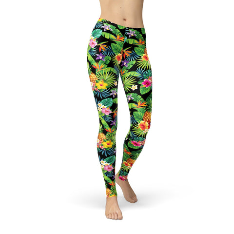 Image of High Waisted Ava Leggings - Tropical Pineapple Flowers - Obsessed Merch