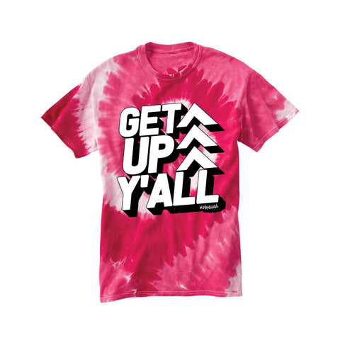 Image of GET UP Y'ALL Unisex Tie Dye Let's Dance Workout Shirt Womens Mens Fitness Coach Tee