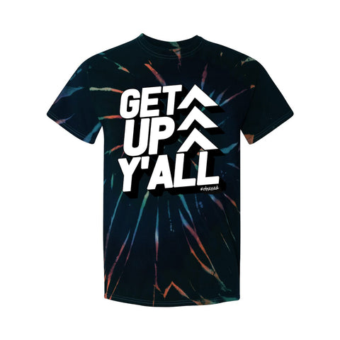 Image of GET UP Y'ALL Unisex Tie Dye Let's Dance Workout Shirt Womens Mens Fitness Coach Tee