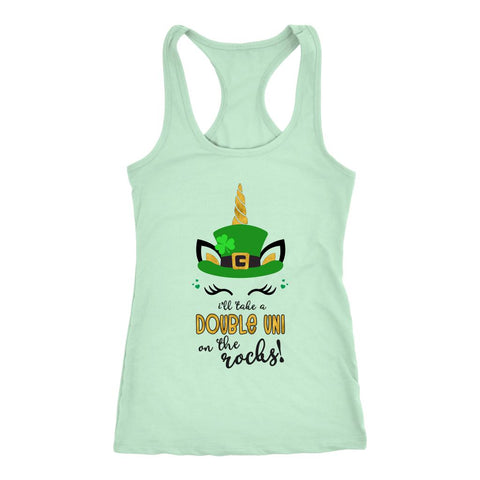 Image of St Patricks Day Women's I'll Take A Double Uni On The Rocks Racerback Tank Top - Obsessed Merch