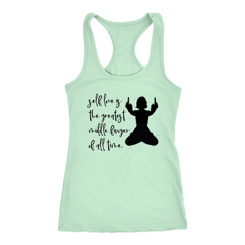 Image of Women's Yoga Self Love, The Greatest Middle Finger Racerback Tank Top - Obsessed Merch
