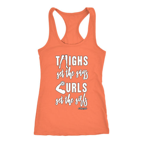Image of L4: Women's Thighs Get the Guys, Curls Get the Girls Joel Quote Racerback Tank - Obsessed Merch