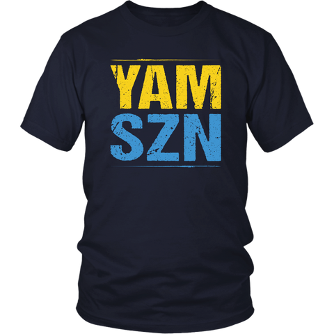 Image of YAM SZN Workout Shirt It's Yam Season Unisex T-Shirt Mens Womens Coach Challenge Group Gift | Yellow / Blue Edition