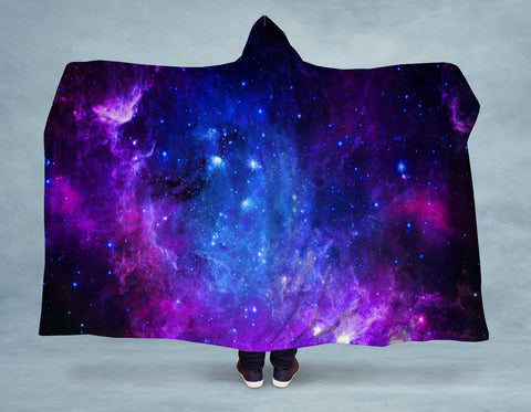 Image of Blue Pink Galaxy Hooded Blanket, Adults Sherpa Lined Winter Cozy Hoodie - USA Made