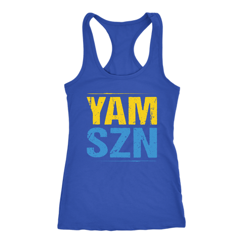 Image of YAM SZN Workout Tank Womens It's Yam Season Shirt Ladies Coach Challenge Group Gift | Yellow / Blue Edition
