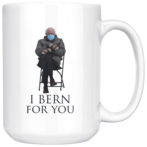 Image of I Bern For You Bernie Sanders Mittens Inauguration 2021 Funny Chair Meme with Bridgerton quote Mug - 11oz + 15oz