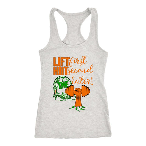 Image of Halloween Tank, Lift First, Hiit Second, Die Later! Womens Workout Tank, Coach Gift, Pumpkin Orange Edition - Obsessed Merch