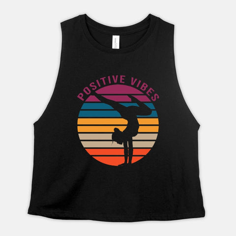 Image of Yoga Handstand Crop Top Womens Sunset Silhouette Positive Vibes Cropped Racerback Asana Cropped Tank