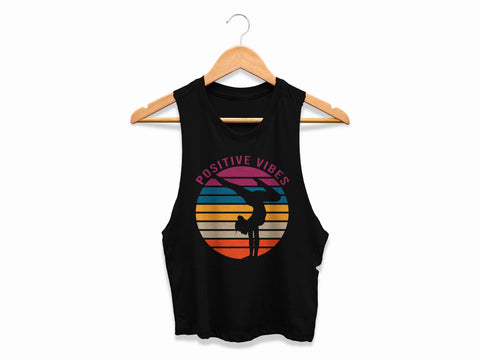 Image of Yoga Handstand Crop Top Womens Sunset Silhouette Positive Vibes Cropped Racerback Asana Cropped Tank