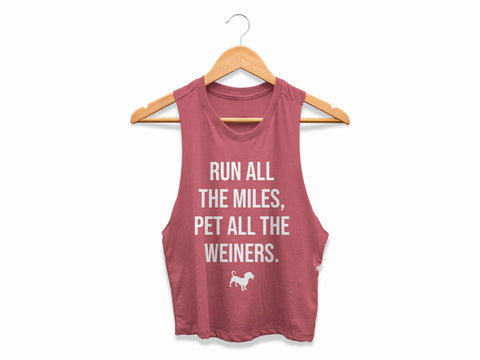 Image of Running Tank Funny Weiner Dog Shirt Run All The Miles Pet All The Weiners Womens Racerback Crop Top Dachshund Shirt Ladies Sausage Dog Gifts