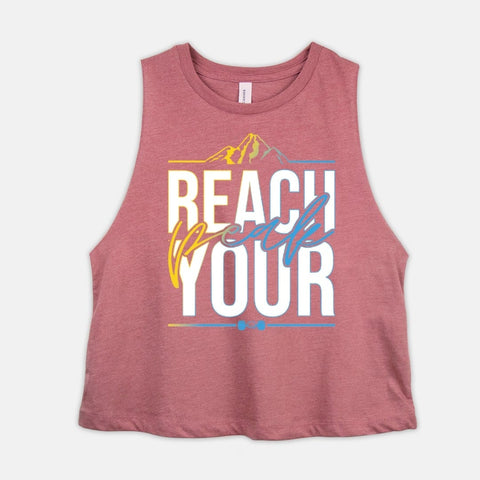 Image of REACH YOUR PEAK Womens Crop Top 645 Inspired Motivational Cropped Tank Ladies Coach Challenger Shirt - White + Gradient Edition