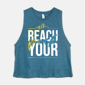 REACH YOUR PEAK Womens Crop Top 645 Inspired Motivational Cropped Tank Ladies Coach Challenger Shirt - White + Gradient Edition