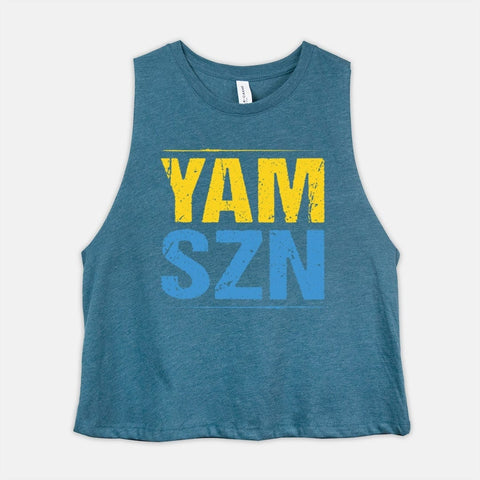 Image of YAM SZN Crop Top Womens It's Yam Season Cropped Tank 6-45 Inspired Coach Challenge Group Shirt Gift | Yellow Blue Edition