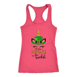 St Patricks Day Women's I'll Take A Double Uni On The Rocks Racerback Tank Top - Obsessed Merch